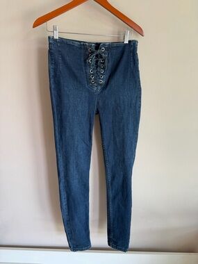 Lace Up Front High Waisted Skinny Jeans Dark Wash Denim Corset Style Pants